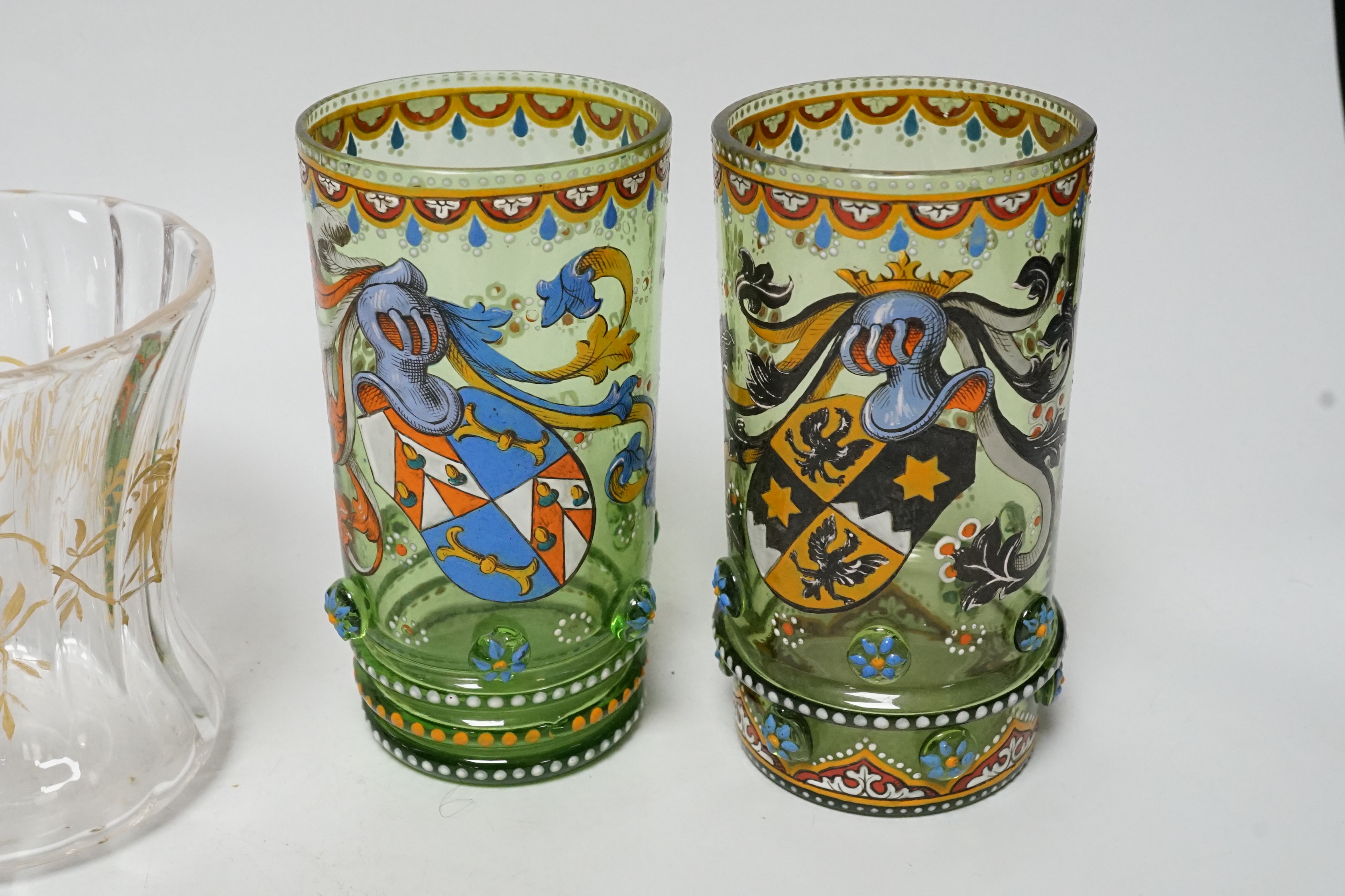 A pair of 19th century German Historismus armorial glass beakers and a pair of glass pots, tallest 14cm